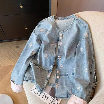 2026 Spring Autumn Denim Jacket Women's Design Sense Age-reducing Lady Outerwear Jacquard Single-Breasted Cowboy Coat Outwear