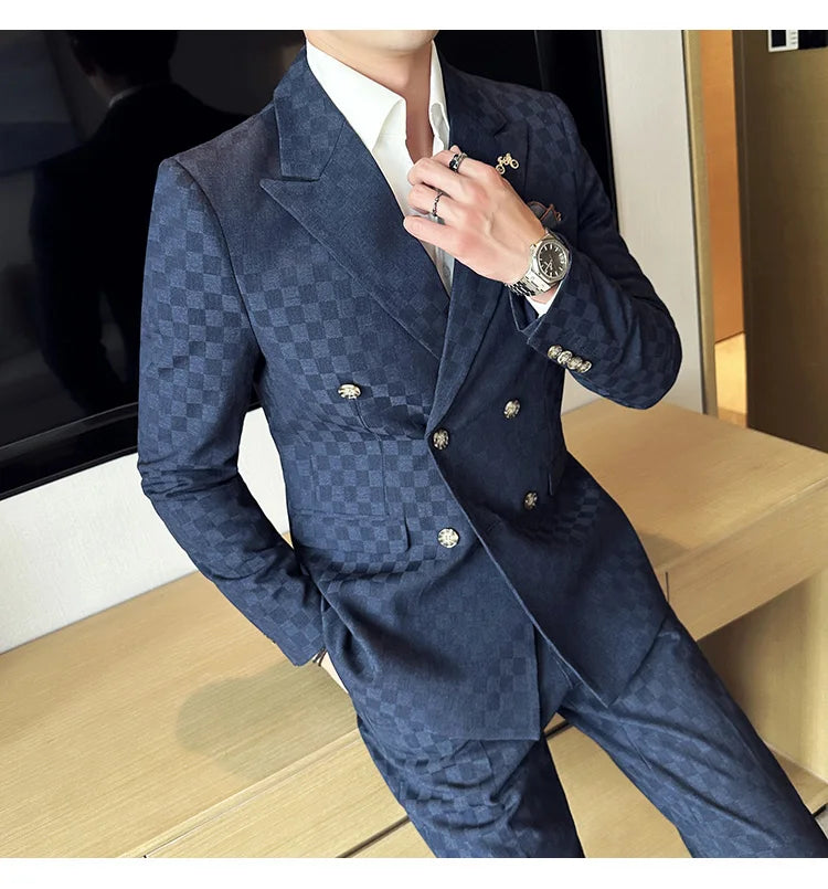 (Jacket+Pants) 2 Pieces Blue Apricot Business Party Men Suits Double Breasted Formal Style Custom Made Wedding Groom Tuxedos