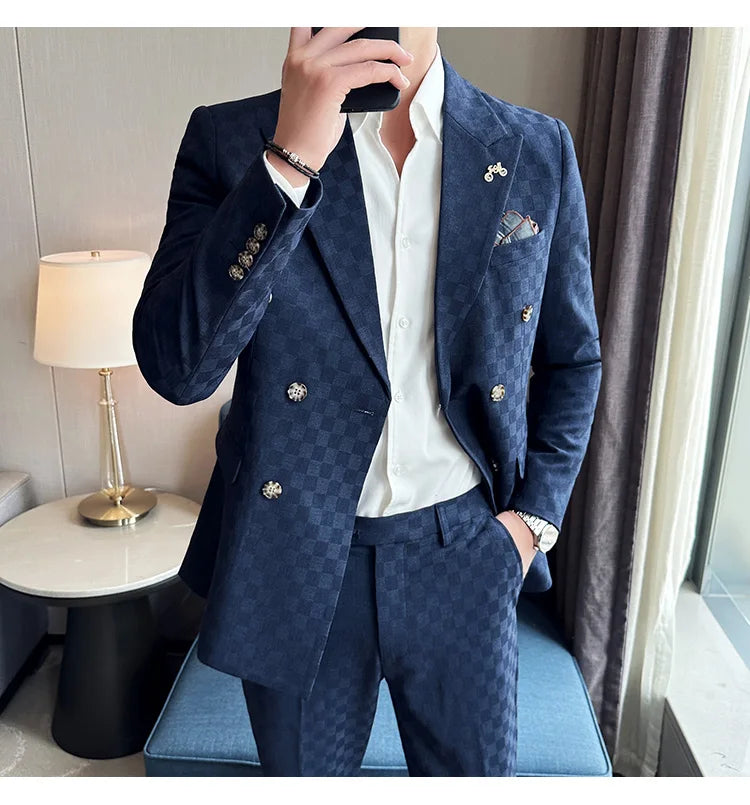 (Jacket+Pants) 2 Pieces Blue Apricot Business Party Men Suits Double Breasted Formal Style Custom Made Wedding Groom Tuxedos