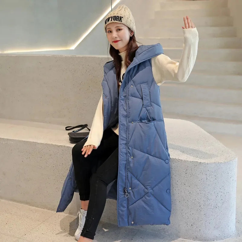 2025 new Down Cotton Vest Women Autumn Winter Hooded Puffer Parkas Long Sleeveless Coat Female loose Warm Waistcoat tide T584