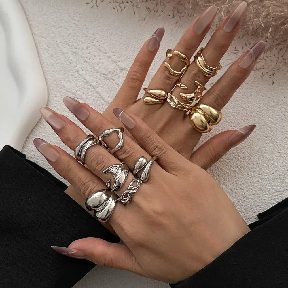 6pcs Set Personality Fashion Geometry Metal Liquid Lava Smooth Water Drop Hug Opening Rings for Women Designer Jewelry Gifts