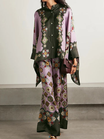 New Chic Turn-Down Collar Half Sleeve Print Holiday Cardigan Top with Wide Leg Pants - Spring Summer Two Piece Ladies Outfit Set