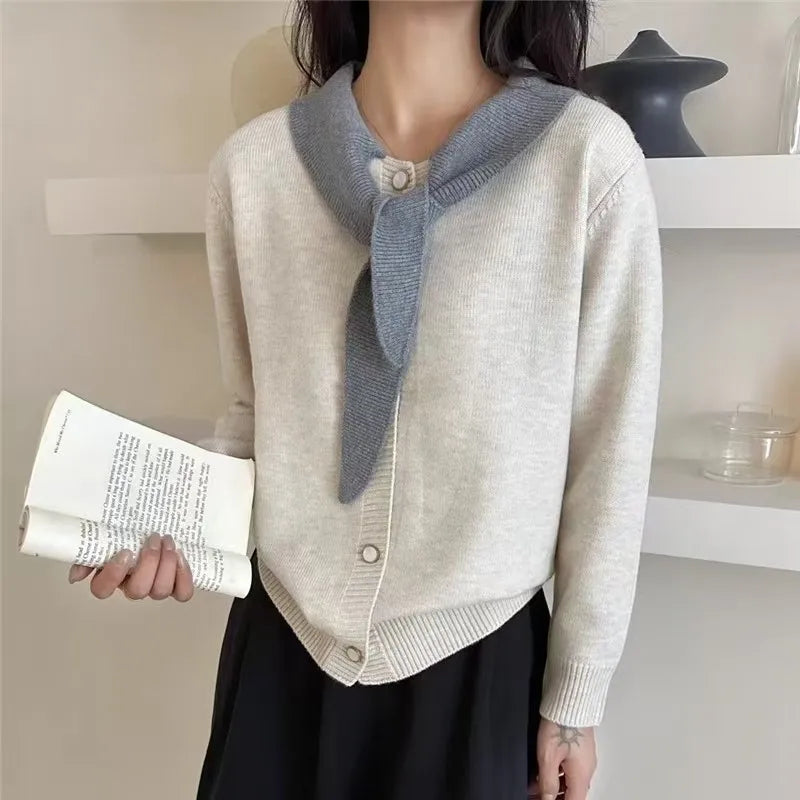 Spring Autumn Fashion All-match Fake Two Sweater Women Clothing Elegant Loose Long Sleeve Button Cardigan Office Lady Y2k Tops