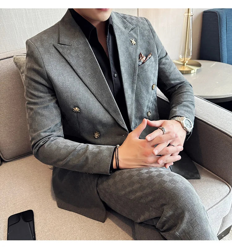 (Jacket+Pants) 2 Pieces Blue Apricot Business Party Men Suits Double Breasted Formal Style Custom Made Wedding Groom Tuxedos