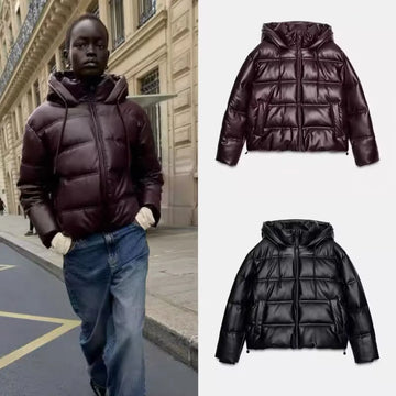 Fashionable 2-Color Faux Leather down Cotton Jacket Versatile Stylish Trendy Cotton Coat for Women Comfortable Casual Style