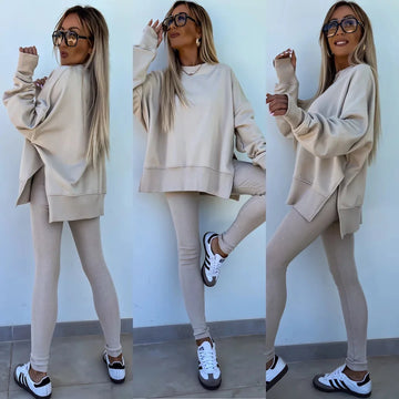 Spring New Casual Loose Long Sleeve round Neck Split Tight Pants Sweatshirt Set Women Street Style Polyester Comfortable Suit