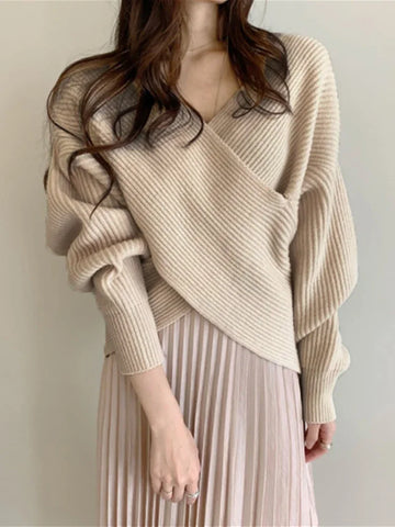 ITOOLIN Women Cross V-Neck Sweater Loose Knitting Pullovers Sweater Blouse Autumn Winter Women Long Sleeve Knitted Sweater 2025