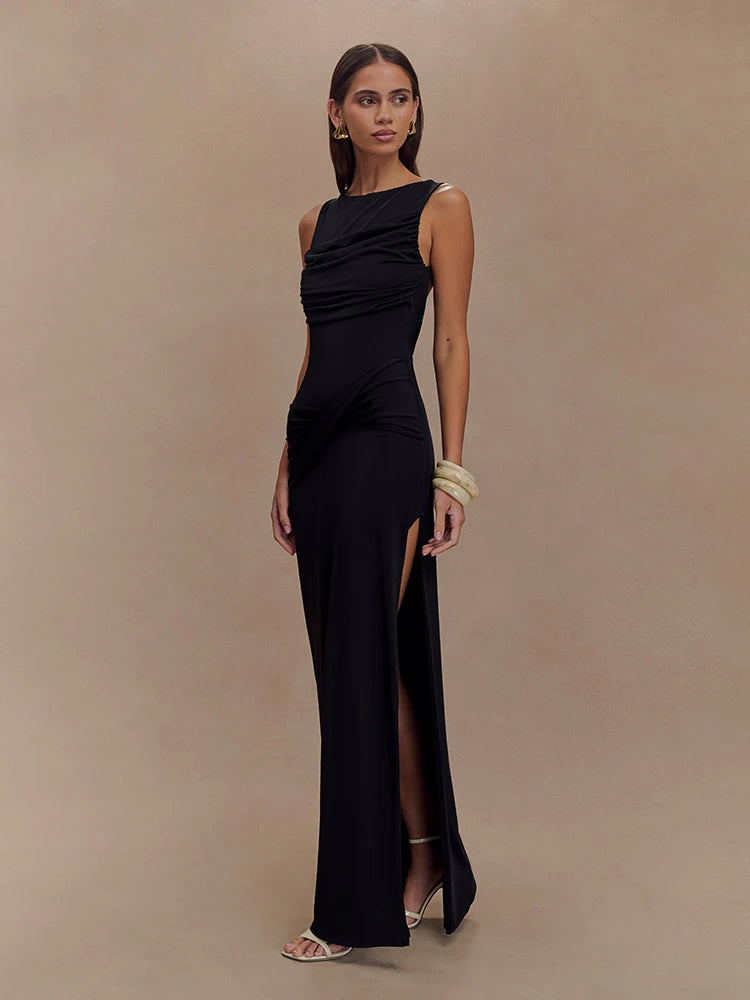 Balitops Sexy Sleeveless Pleated Bodycon Elegant Backless Maxi Dress Women Slim Fit High Waist Thigh Split Party Evening Dress