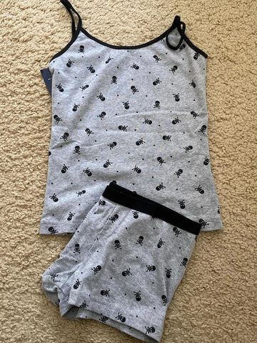 Skulls Print Cotton Vest Shorts 2 Pieces Set Women Summer Slim Tank Tops With Straight Short Pant Vintage Gray Home Pajama Sets