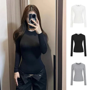 Slim Fit Long Sleeve T-Shirt Women's Base Layer Hot Girl Pure Color Korean Style Autumn New Fashion Top Ladies Polyester Fiber