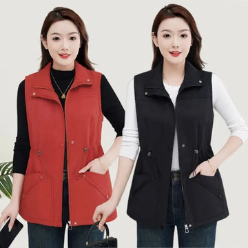 Women Vest Spring Autumn 2025 New Fashion Stand-Up Collar Mid-Length Sleeveless Jjacket Female Loose Waistcoat Outerwear T1269