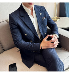 (Jacket+Pants) 2 Pieces Blue Apricot Business Party Men Suits Double Breasted Formal Style Custom Made Wedding Groom Tuxedos