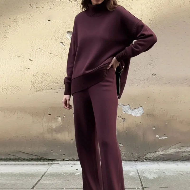 Spring Turtleneck Sweatshirt & Casual Pants Set Elegant Solid Patchwork Rib Knitted Outfits Woman Long Sleeve Loose Autumn Suits