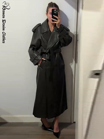 Elegant Pu Leather Women's Long Jacket Double Breasted V-neck Lace Up Solid Jackets Lady 2026 Spring Chic Female Outwears