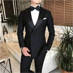 2 Pieces Jacket+Pants Black Suits for Men Peaked Lapel Double Breasted Bespoke Blazer Wedding Groom Tuxedos Prom Costume Homme