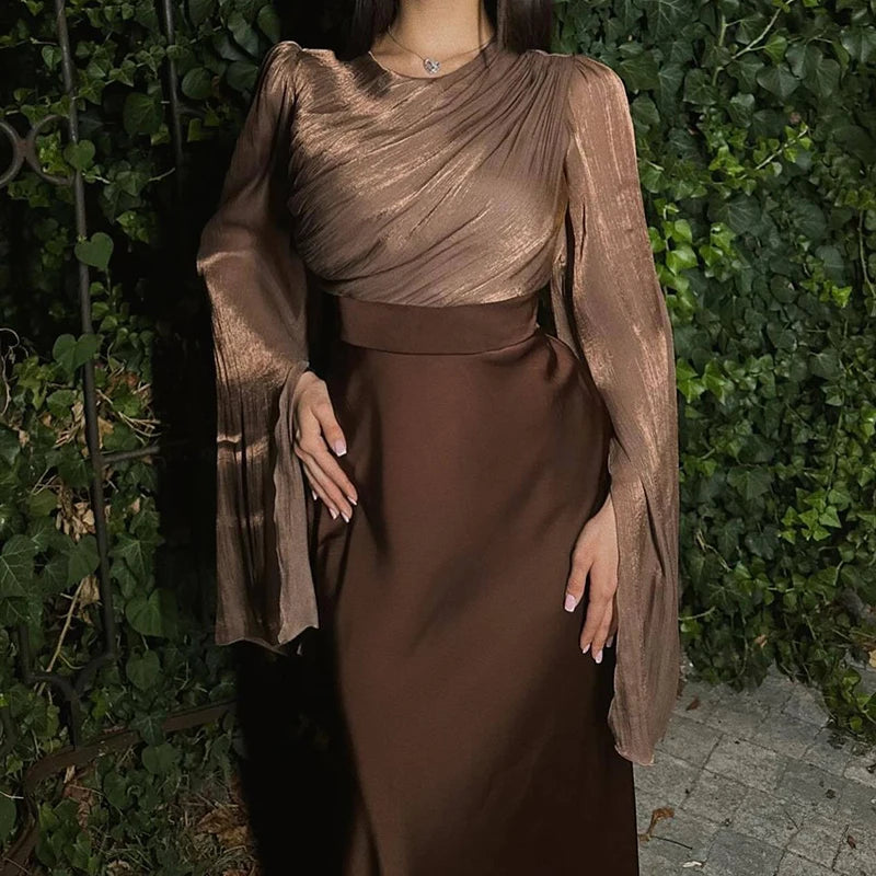 Fashion Satin Solid Maxi Dresses for Women Temperament O Neck Batwing Sleeve Slim Evening Dress Elegant High Grade Ladies Dress