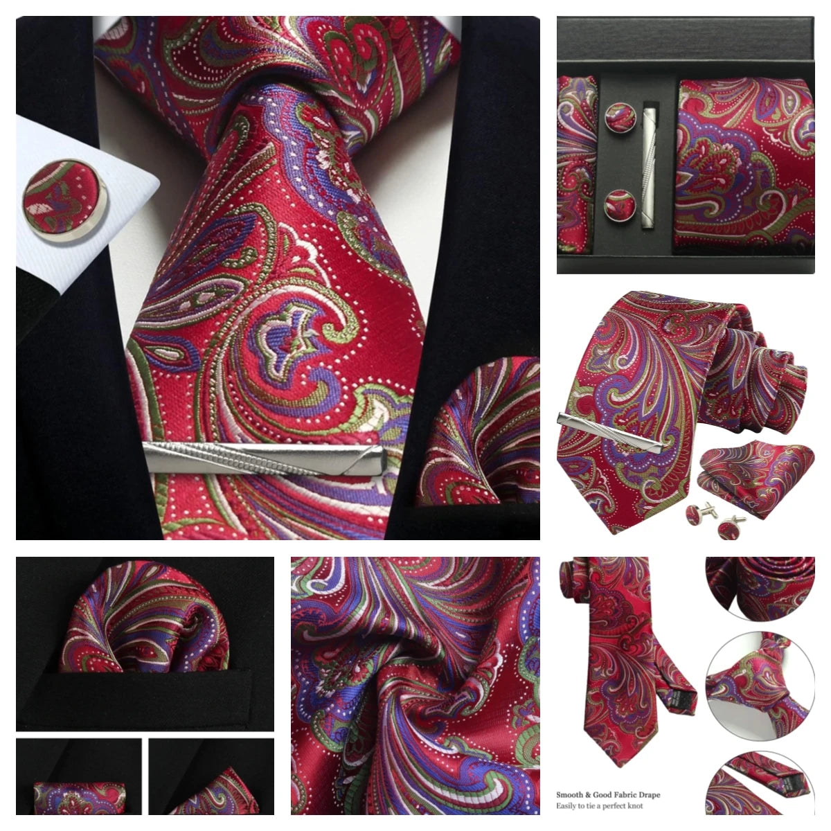 100% Silk Necktie Paisley Floral Mens Tie Top Quality Business Tie Pocket Square Tie Clip Cufflinks Set Classic For Men Gift Box