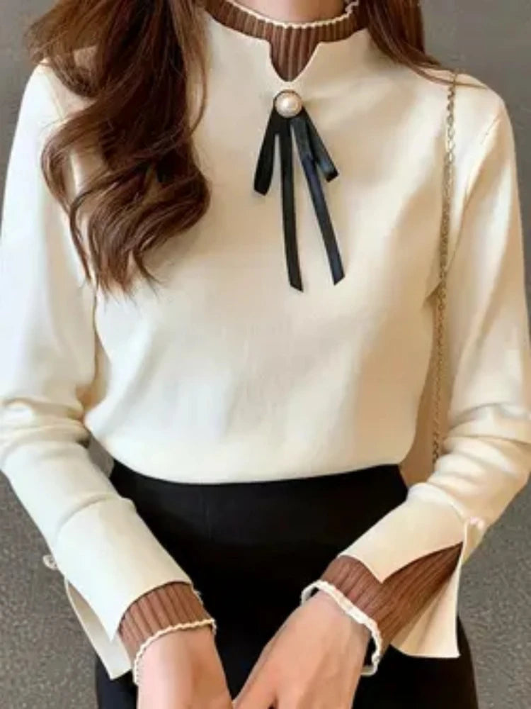 Autumn Winter Sweater Sweet Bow Knitwears Long Sleeve Slim Pullovers Women Solid Knitted Sweater Korean Casual Base Layer Y2k
