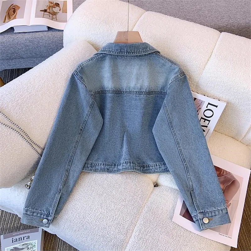 Spring Autumn New Vintage Blue Denim Coat Women Casual Lapel Long Sleeved Short Jeans Jacket Loose Outerwear Streetwear T1124