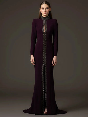 HIGH STREET Newest Fashion 2026 Designer Party Women's Short Sleeve Stand-up Collar Luxurious Diamonds Beaded Long Maxi Dress