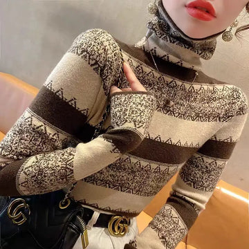 Autumn Winter Fashion Turtleneck All-match Knit Pullovers Women Clothing Elegant Chic Slim Striped Sweater Office Lady Sweet Top