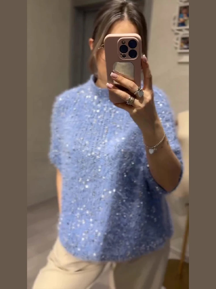Casual Solid Sequin Sweater Women Fashion Knitted O-Neck Short Sleeve Loose Lady Pullover 2026 Spring Chic Female Streetwear
