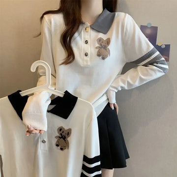 Autumn Winter New Polo Collar Long Sleeve Sweaters Women Clothing Casual Loose Knit Pullovers Lady Little Bear Embroidery Tops