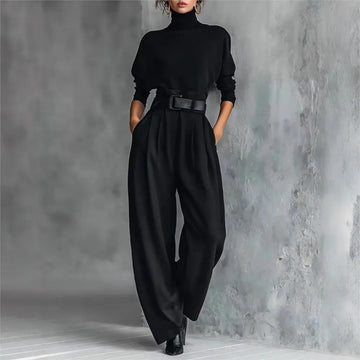 Spring Autumn New High Collar Long Sleeves High Waist With Belt Trousers Casual Fashion Suit For Women Conjuntos De Pantalones