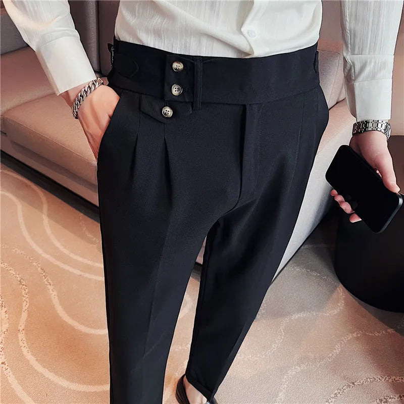 British Style Spring Solid Business Casual Suit Pants High Waist Button Men Formal Pants Slim Office Trousers