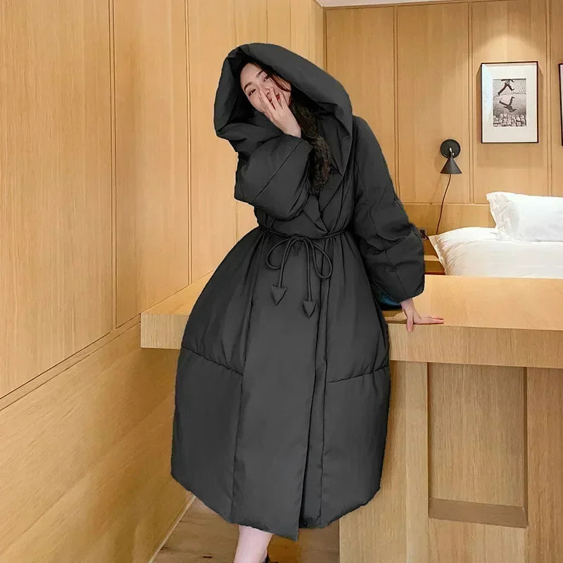 Winter New White Duck Down Coat Women Knee Length Fashion Loose Lace Up Windproof Hood Warm Parkas Women Coat