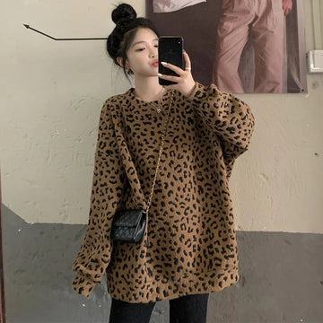 Leopard Print Female Pullover Top Lazy Style Y2k Japanese Streetwear Harajuku Fashion Emo Essential Oversize Women's Sweatshirts