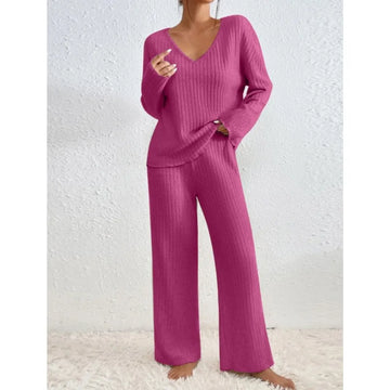 Women's Black Two-Piece Set Autumn New Fashion Casual V-neck Pit Strip Pants Set Solid Ribbed Loungewear Ladies Clothing