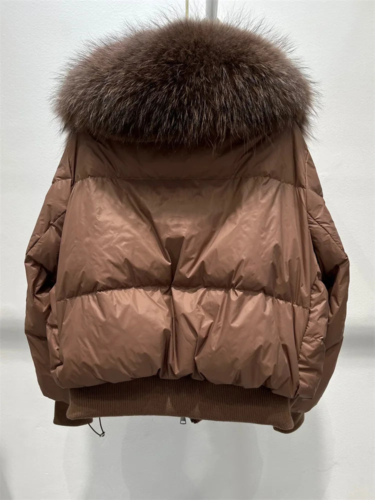 2023 New Fashion Loose Winter Women 90% Duck Down Jacket Natural Real Raccoon Fur Big Collar Coat Thick Warm Streetwear