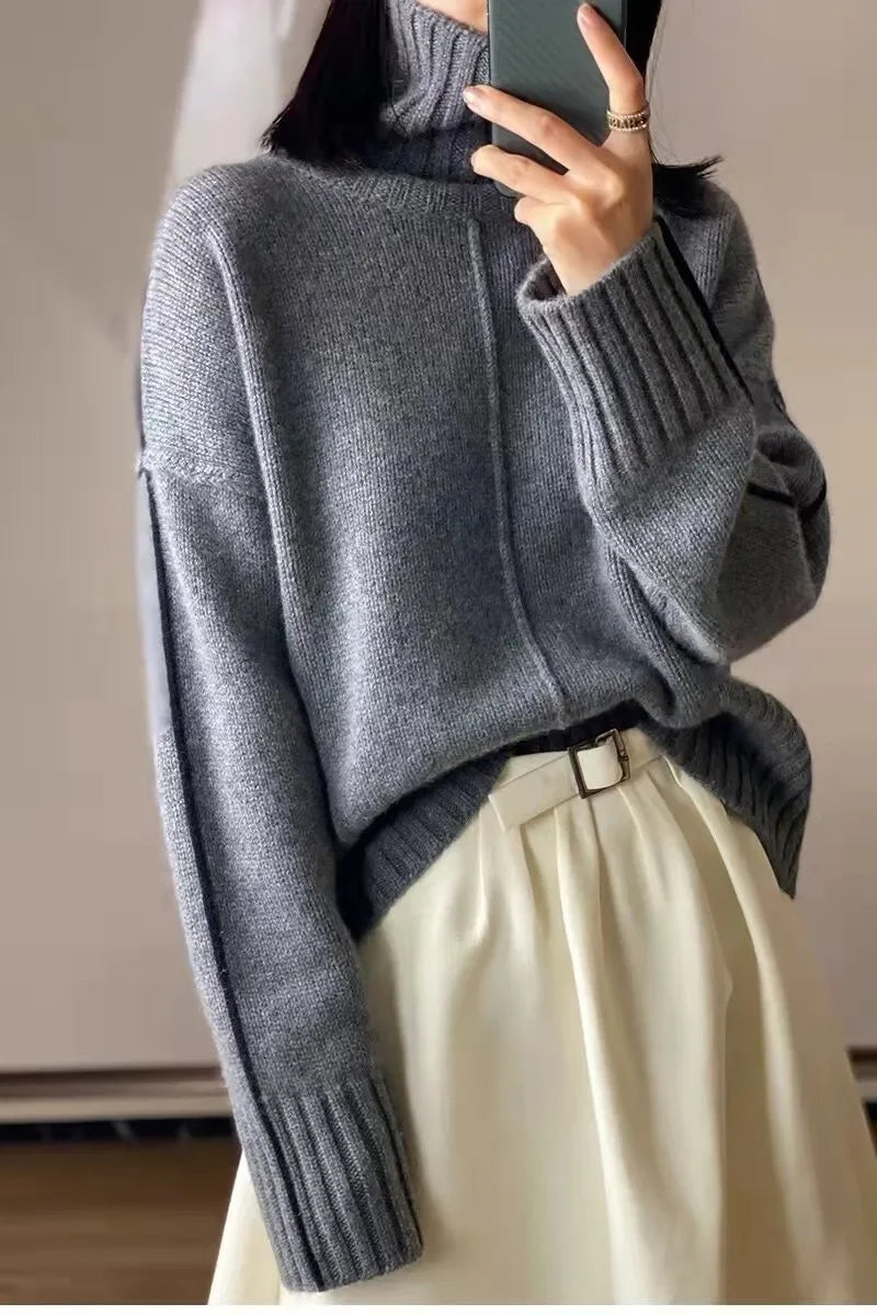 Women's Pure Cashmere Turtleneck Sweater Loose Fit Thick Bottoming Pullover Color Match European Style for Autumn And Winter