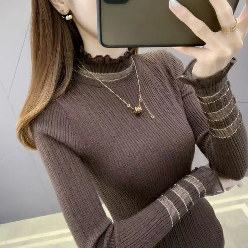 Women Clothing Elegant Chic Lace Patchwork Pullovers Autumn Winter New Fashion Slim Ruffled Collar Solid Sweaters Lady Knit Tops