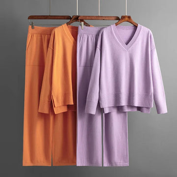 Women Knitted Suits Autumn Winter Pants Suit Loose Solid Color Pullover Knit Sweaters Tops Wide Leg Trousers Two Piece Set