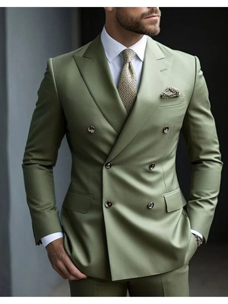 Sage Green Men's Wedding Suits Solid Color 2 Piece Daily Plus Size Double Breasted Six-buttons Formal Business Suits