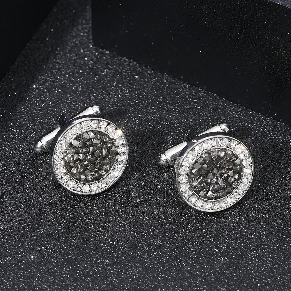 2 Pcs /Set New High-end Fashion Mens Shirts Crystal Cufflinks Luxury Design Silvery Round Blue Rhinestone Cuff Links