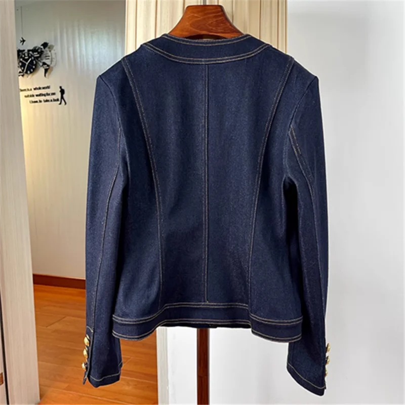 Fashion Short Denim Coat Women Tops 2025 Spring And Autumn New Vintage O-Neck Pockets Jeans Jacket Female Loose Outerwear T877