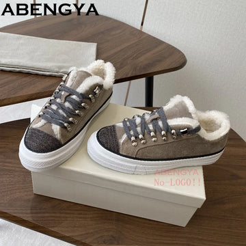 ABENGYA Winter Lace Up Wool Flat Casual Shoes Women Platform Sneakers Suede Leather Warm Shoes Ladies String Bead Walk Shoes
