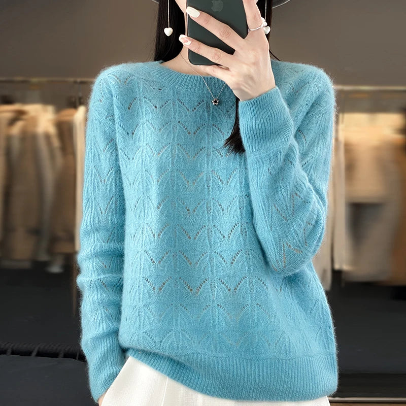 Wool O-neck Sweater Women Knitted Hollowout Long Sleeve Tops Spring Female Pullover Autumn Winter Loose Fashion Basics Jumper