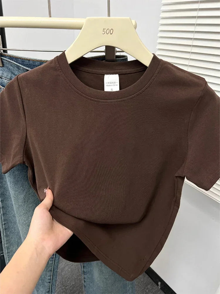 2025 Summer New High Quality Casual T Shirt Sexy Short Sleeved Sleeves Fashion Trend Solid Women Clothing Y2k Tops