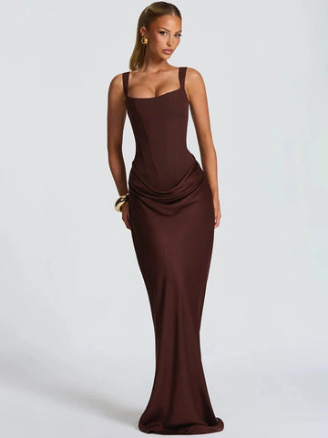 Mozision Backless Ruched Sexy Maxi Dress Women Elegant Square Collar Tapered Straps Sleeveless Bodycon Club Party Long Dress