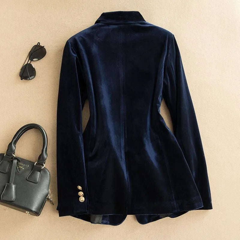 Fashion Suit Jacket Women 2025 Spring Autumn New One Button Gold Velvet Pocket Turn Down Collar Slim Blazer Coat Female T1064