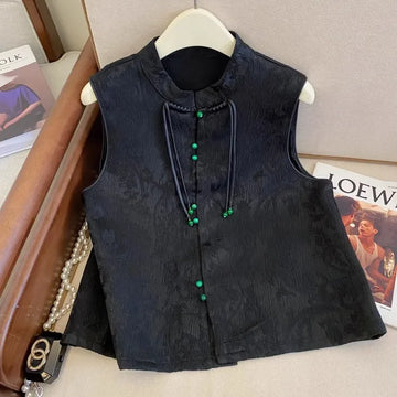 2025 New Spring Vintage Chinese Style Vest Women Jacquard Tops Temperament Waistcoat Loose Female Casual Sleeveless Jacket T1094