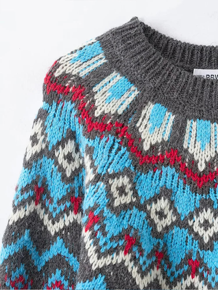 European style new women's fashionable and versatile round neck long-sleeved jacquard knit sweater