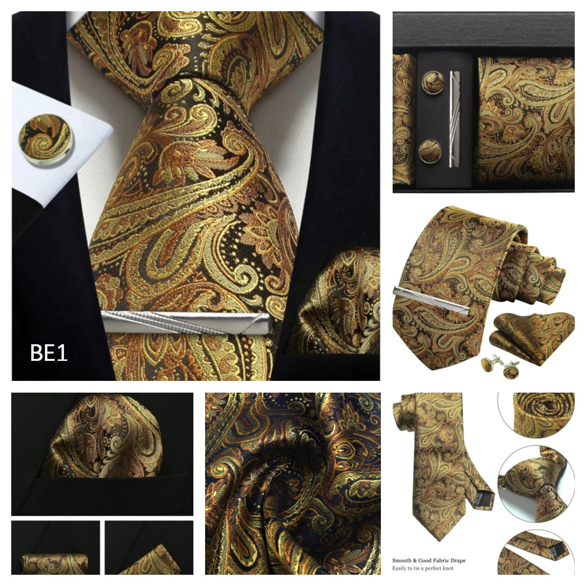 100% Silk Necktie Paisley Floral Mens Tie Top Quality Business Tie Pocket Square Tie Clip Cufflinks Set Classic For Men Gift Box