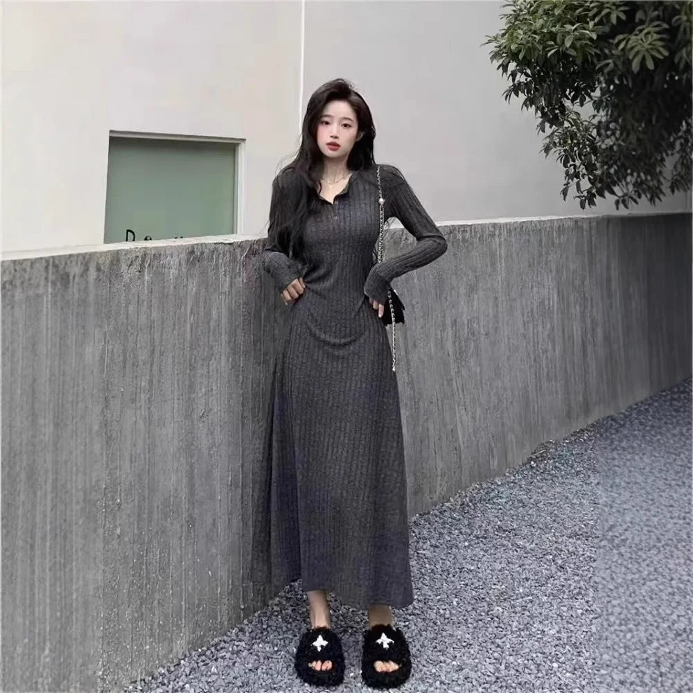 Black French Style Long Knitted Dress Women's Base Layer Sweater Dress Small Size Knitted One Piece Dress Autumn Winter New Arri