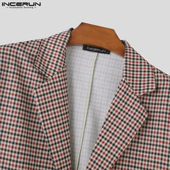 INCERUN Tops 2024 Korean Style Handsome New Men's Plaid Shoulder Padded Suit Coats Fashion Male Loose Long Sleeved Blazer S-5XL