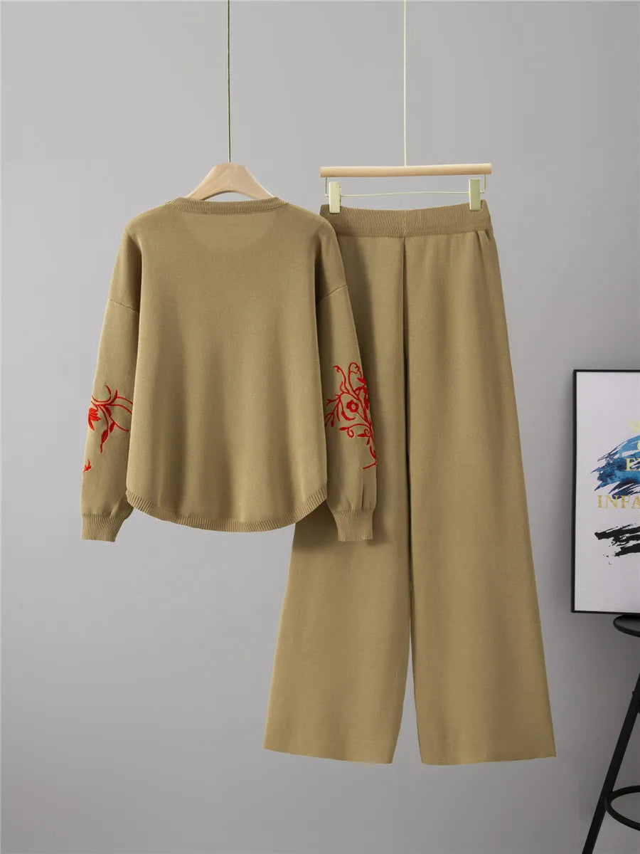 Embroidered Flowers Knitted 2 Piece Sets Women O-neck Long Sleeve Sweater Pullover Tops Conjuntos Korean High Waist Pants Outfit